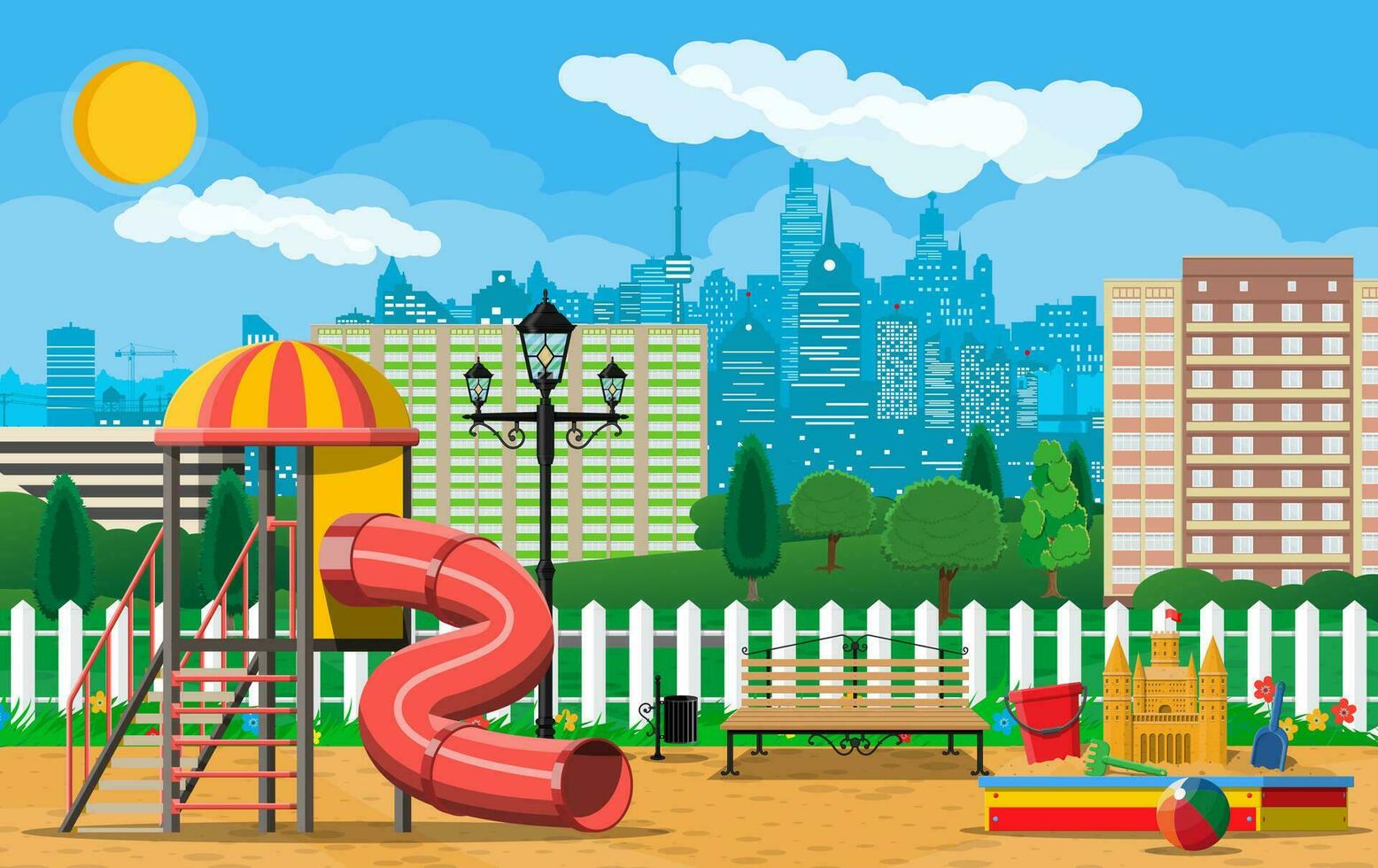Kids playground kindergarten panorama. Urban child amusement. Slide ladder, sandbox with toys. Bench and lamp. City park with attractions. Cityscape, clouds and sun. Vector illustration flat style