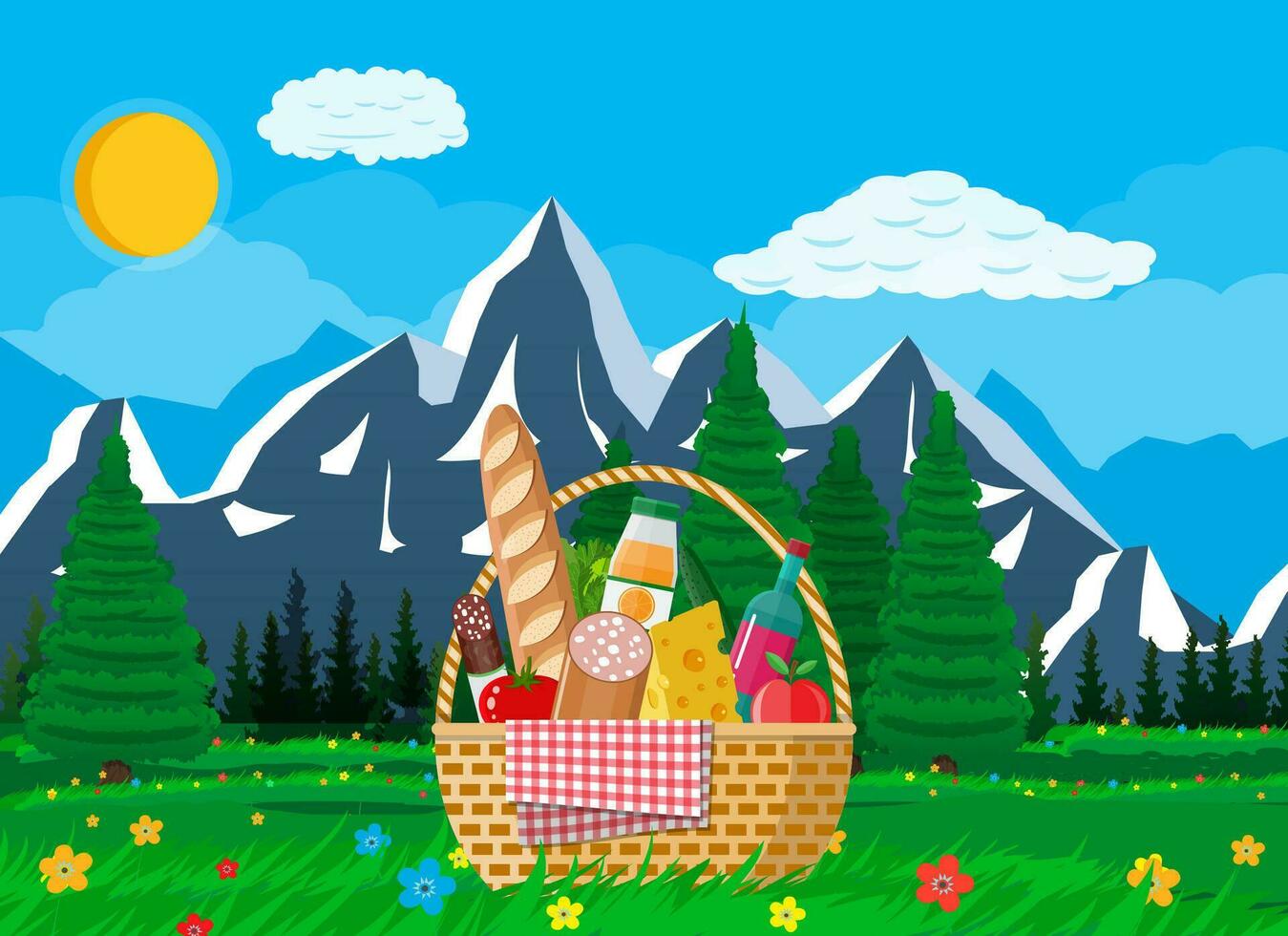 WIcker picnic basket full of products, wine, sausage, bacon and cheese, apple, tomato, cucumber, salad, juice. Grass, flowers, mountains and trees, sky clouds sun Vector illustration in flat style