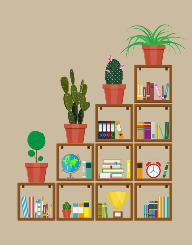 Library wooden book shelf. Globe, flower, clocks, cactus, cup. Bookcase with different books. Vector illustration in flat style