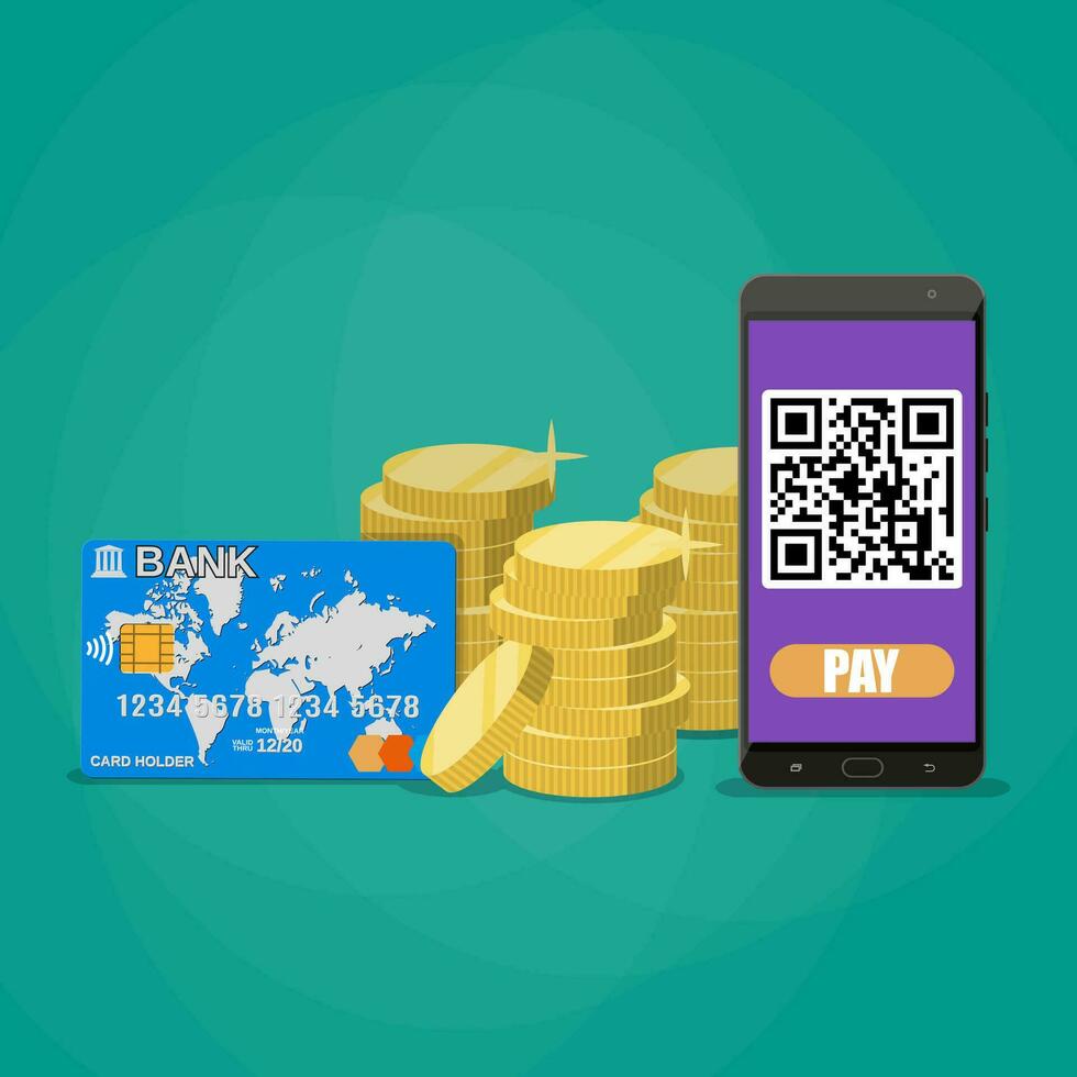 Phone wit qr code application, gold coins stacks and bank card. payments through bar qr code concept. vector illustration in flat style on green background