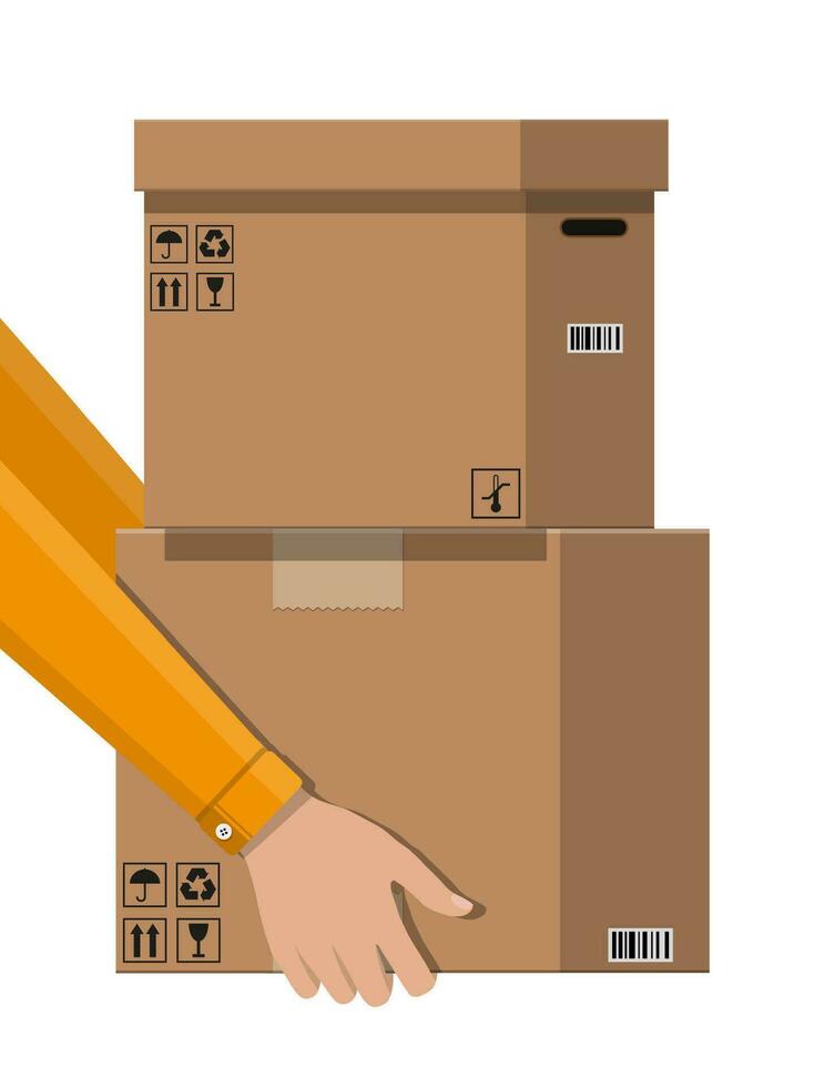 Hand of courier with postal cardboard box. Carton delivery packaging closed box with fragile signs. Vector illustration in flat style