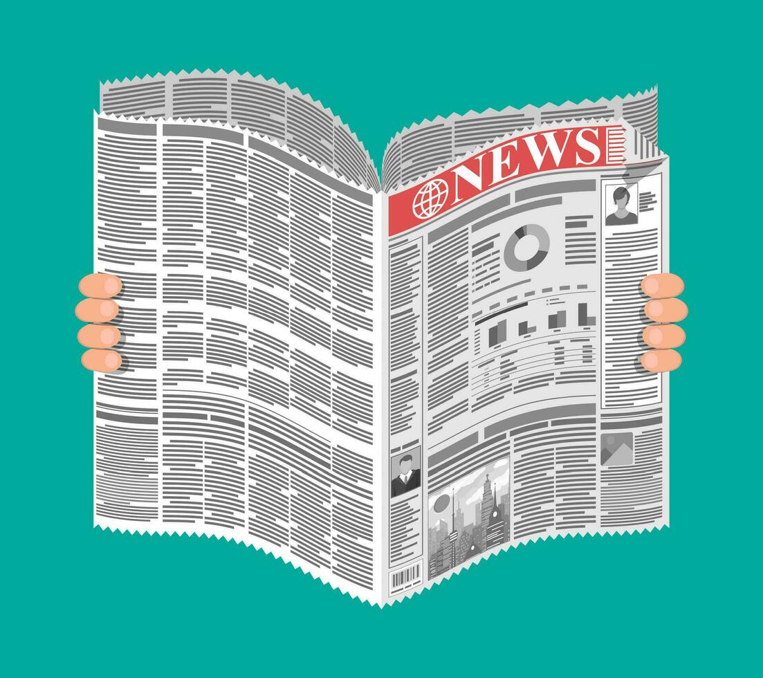 Daily newspaper in hands. News journal design. Pages with various headlines, images, quotes, text and articles. Media, journalism and press. Vector illustration in flat style.