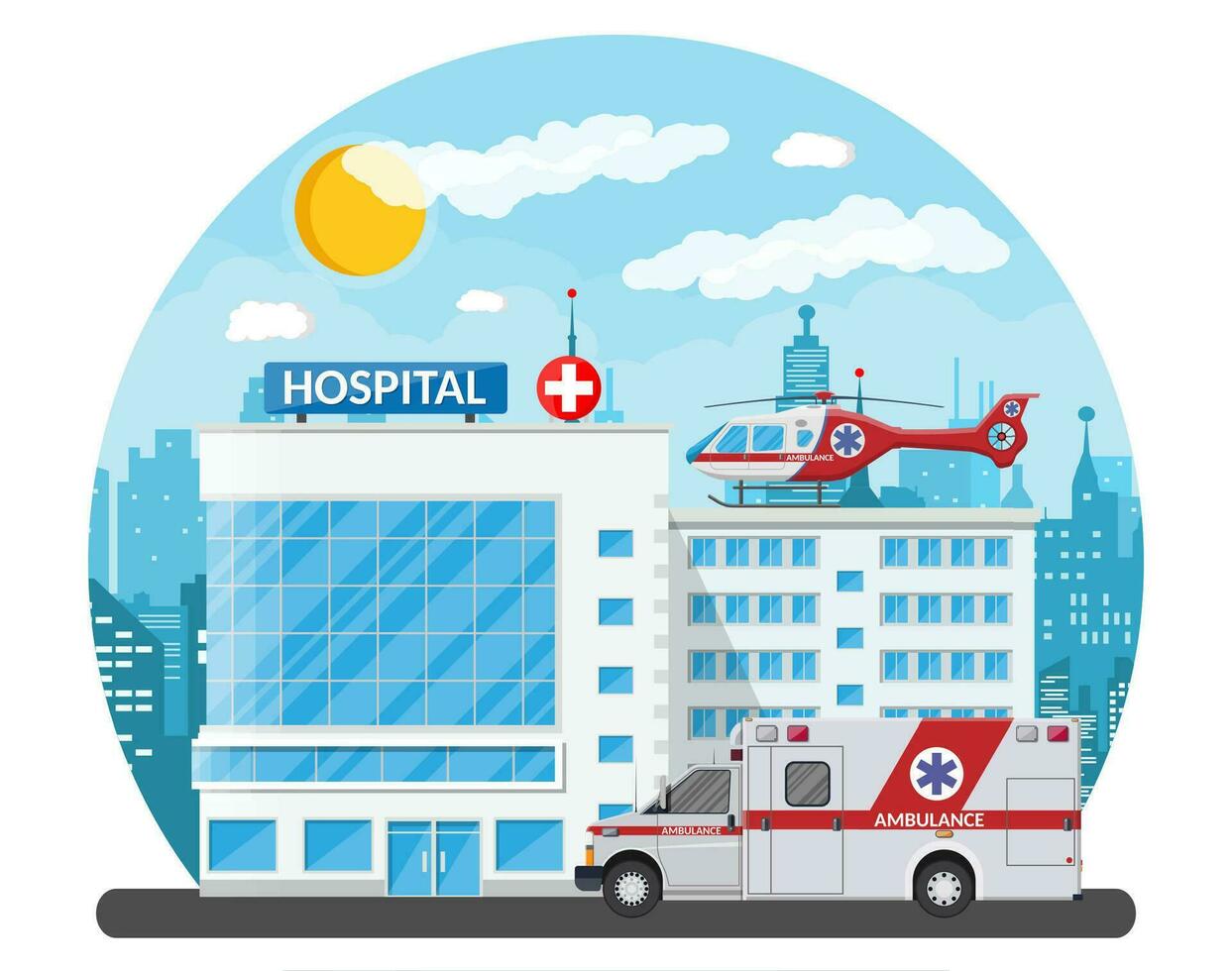 Hospital building, medical icon. Healthcare, hospital and medical diagnostics. Urgency and emergency services. Road, sky, sun, tree. Car and helicopter. Vector illustration in flat style