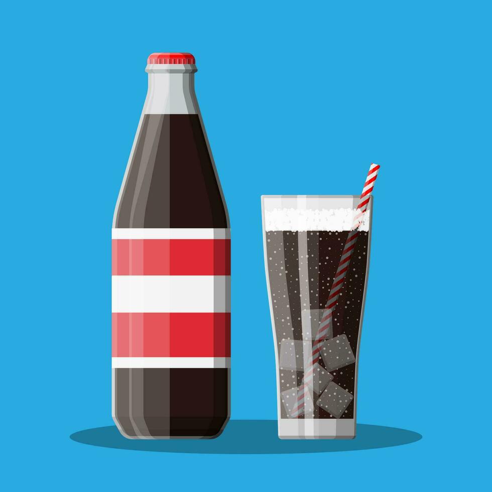 Bottle and glass with cola and striped straw. Soda carbonited drink. Vector illustration in flat style