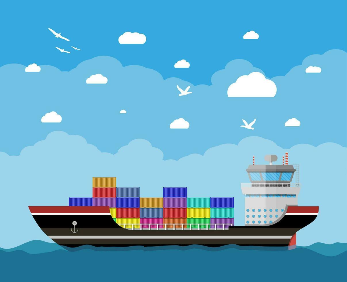 Cargo ship in water, blue sky with clouds and seagulls. Freight shipping by water. Commercial container ship, industrial and logistic, vector illustration in flat design