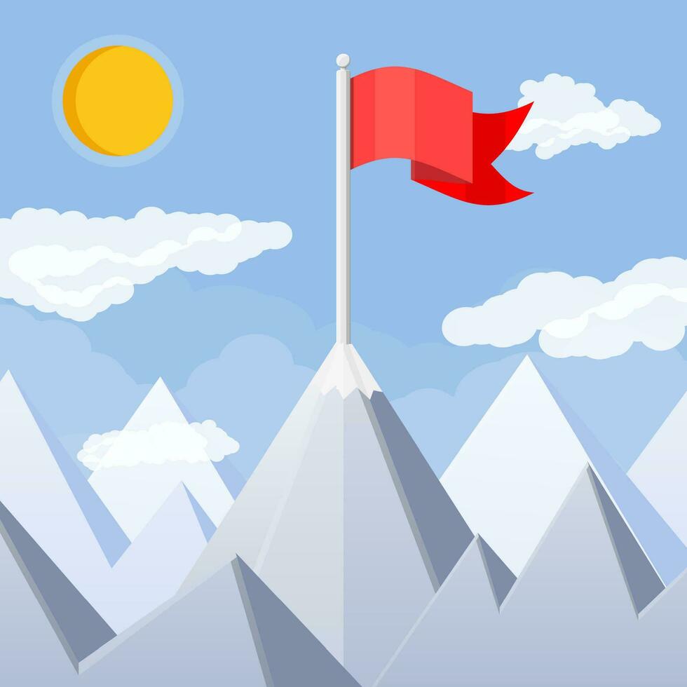 Flag on peak of mountain. Business success, target, triumph, goal or achievement. Winning of competition. Rocky mountains, sky with clouds and sun. Vector illustration in flat style.