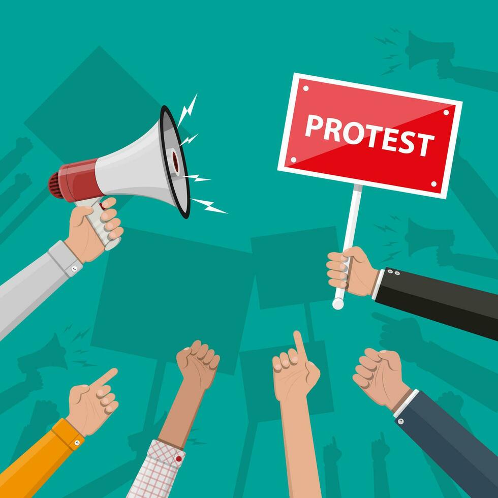 Cartoon hands of demonstrants and hand with megaphone, protest concept, revolution, conflict. Vector illustration in flat style
