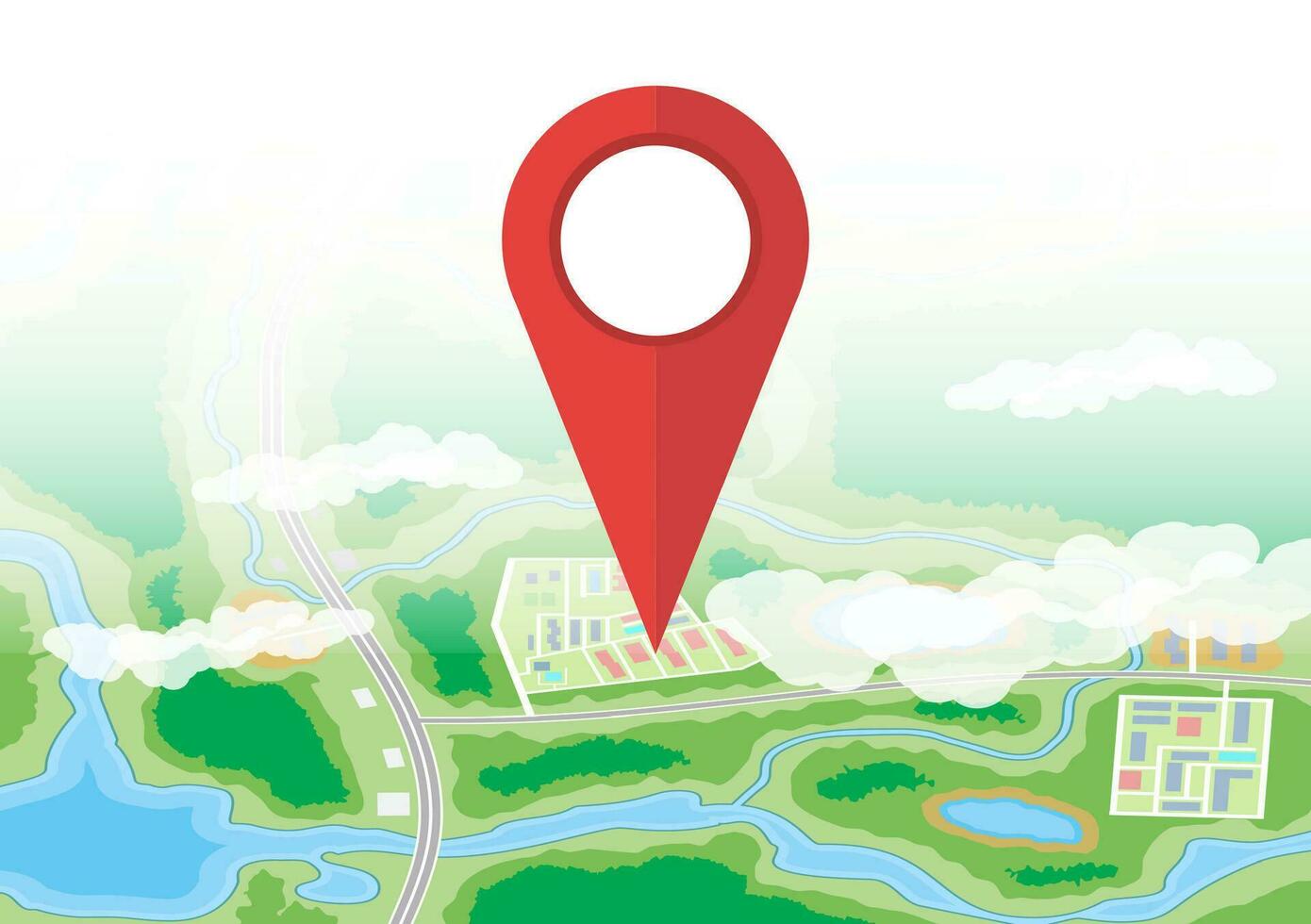 ciudad suburbano mapa y rojo ruta alfiler. resumen genérico mapa con carreteras, edificios, parques, río, lago. GPS y navegación. vector ilustración en plano estilo