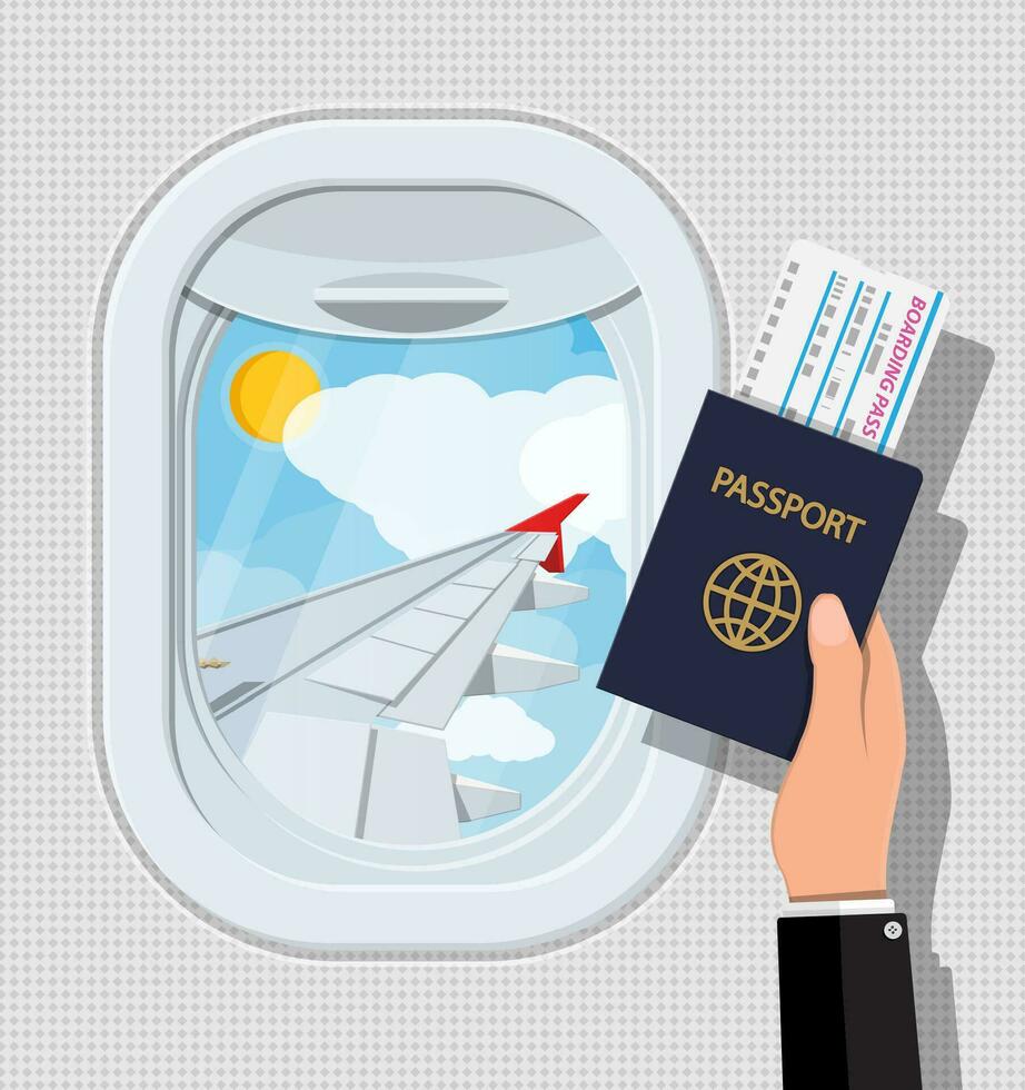 ventana desde dentro el avión. mano con pasaporte y boleto. aeronave porta obturador y ala. aire viaje o vacaciones concepto. vector ilustración en plano estilo