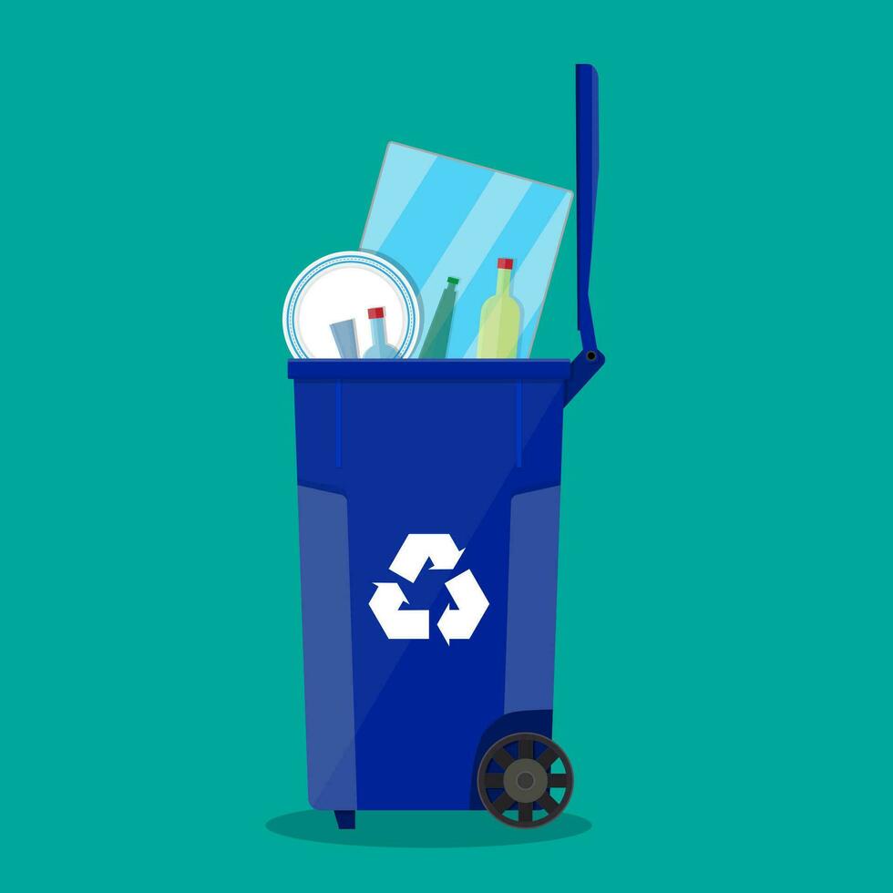 trash recycle bin container for garbage full of glass things. Bin for glass. Vector illustration in flat design