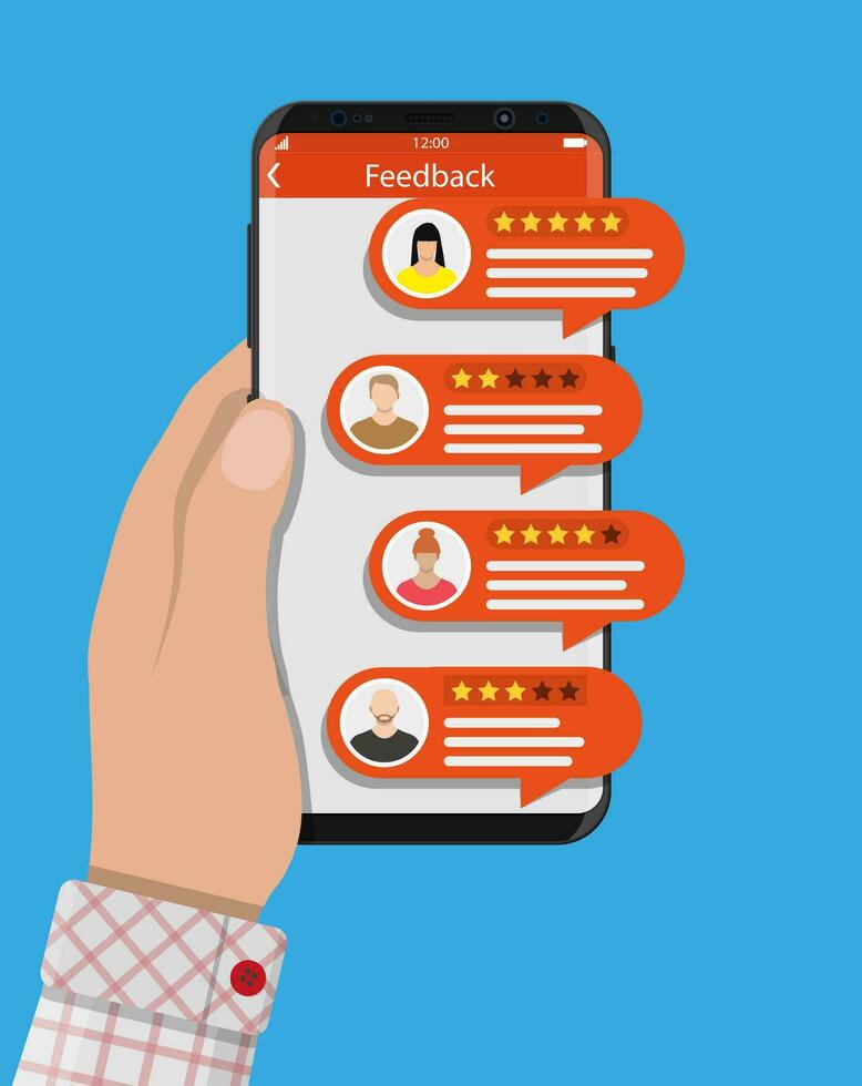 Hand holds smartphone with rating app. Bubble speeches and avatars. Reviews five stars rating with good and bad rate and text. Testimonials, rating, feedback, review. Vector illustrayion in flat style
