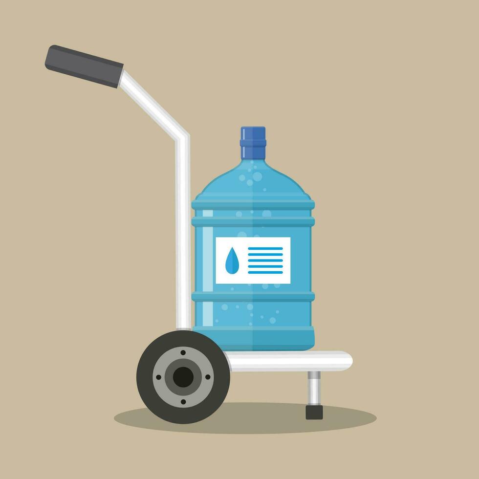 Hand truck with big plastic bottle for water cooler. delivery concept. vector illustration in flat style on brown background