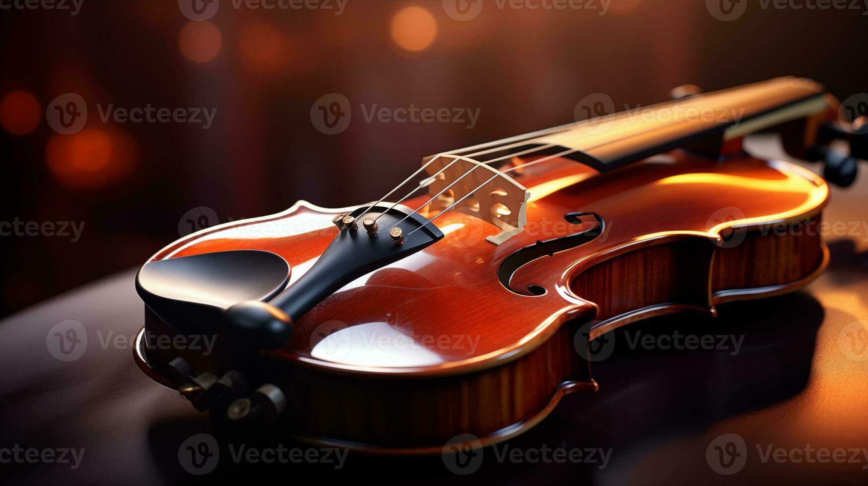 AI generated Violin on a wooden table. Macro photography. Musical instrument. Copy space. Place for text. photo