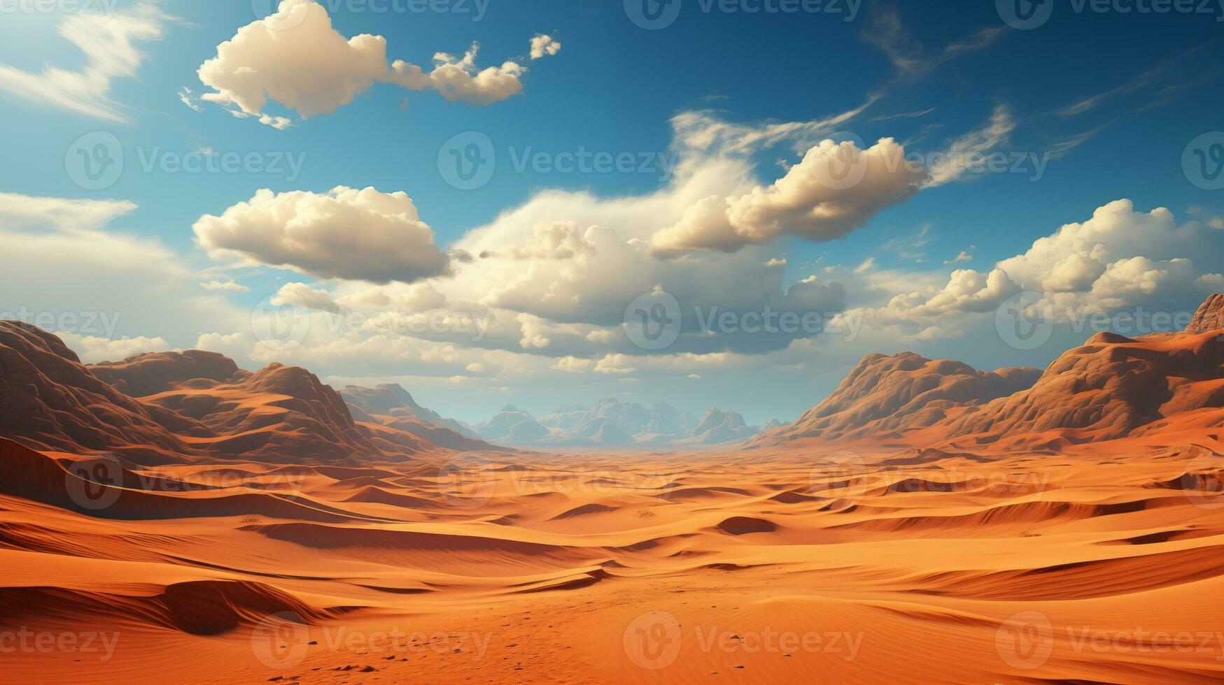 AI generated Desert background. Sand and mountains. Blue sky day with clouds. Landscape with dunes. Desktop wallpaper. Banner for travel agencies. AI Generated photo