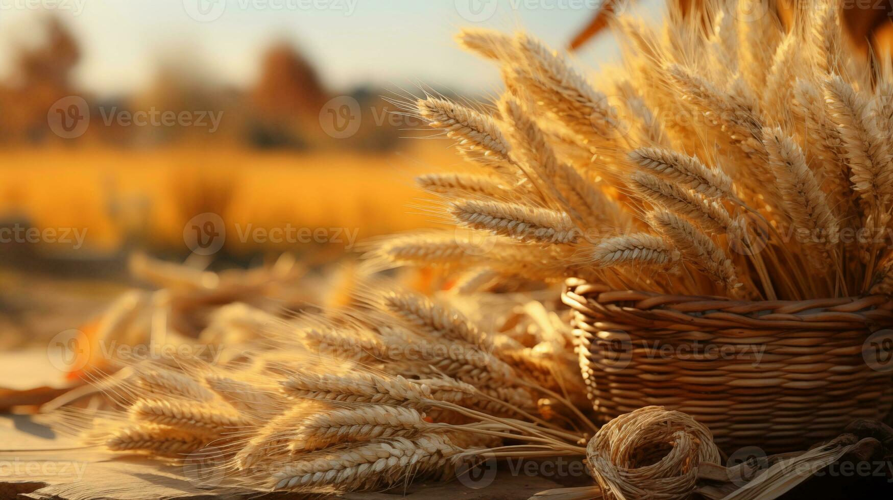 AI generated Ears of wheat lie on a wooden table. On the background is a blurred field of wheat. Harvest banner. Copy space. Place for text. Horizontal format. AI Generated photo