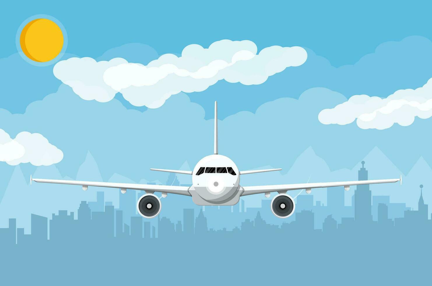 Airplane and city skyline silhouette at day. Skyscappers, towers, office and residental buildings. Cityscape in daytime, sky, clouds and sun. Vector illustration