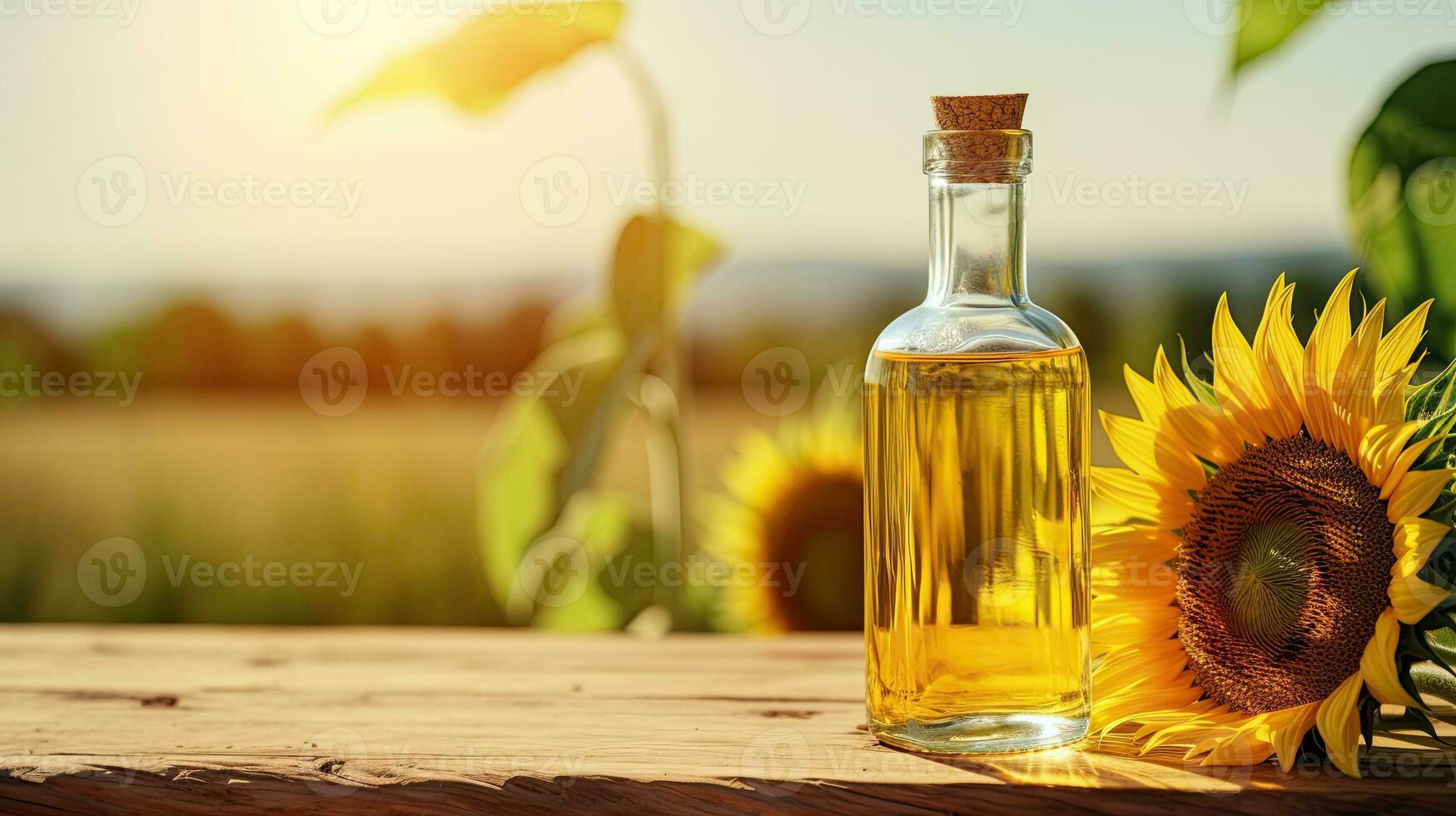 AI generated Bottle with Sunflower oil on a wooden table. Nearby there is a sunflower flower. Background blurred field. Copy space. Place for text. AI Generated photo