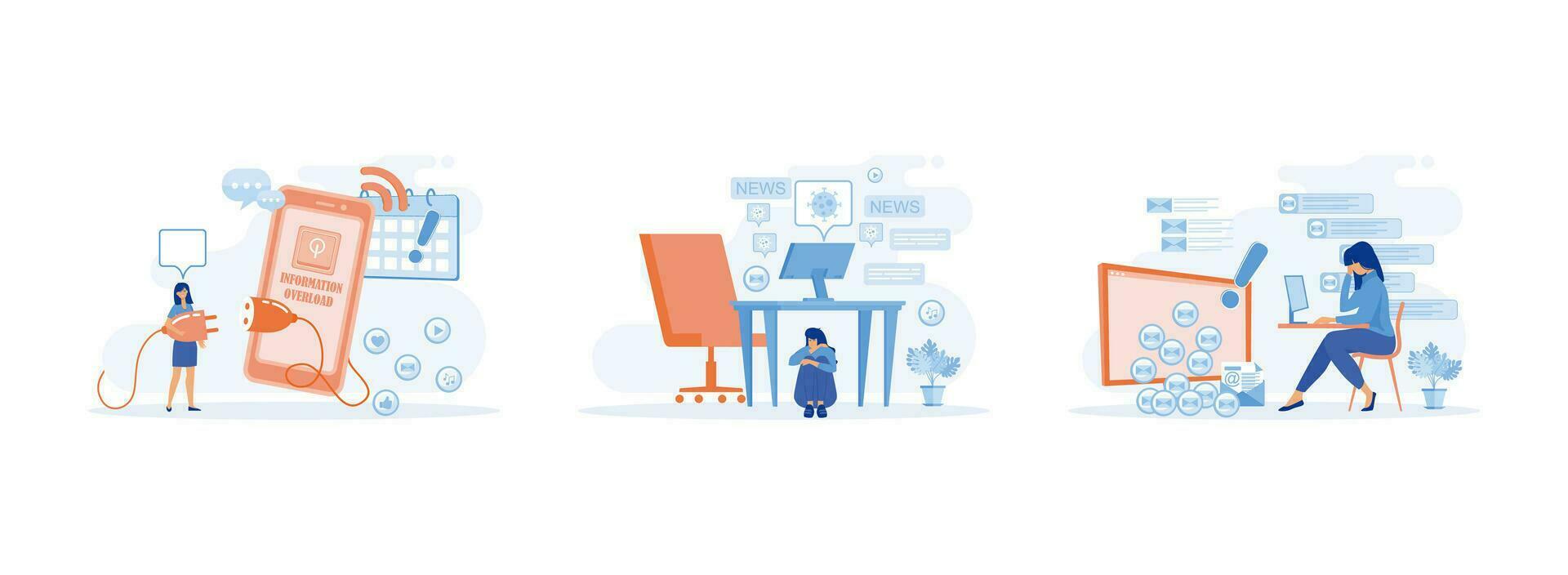 Information overload. Stressed person in info flood.  Girl protecting themselves from flow of information and news turning off smart phone. Information overload se flat vector modern illustration