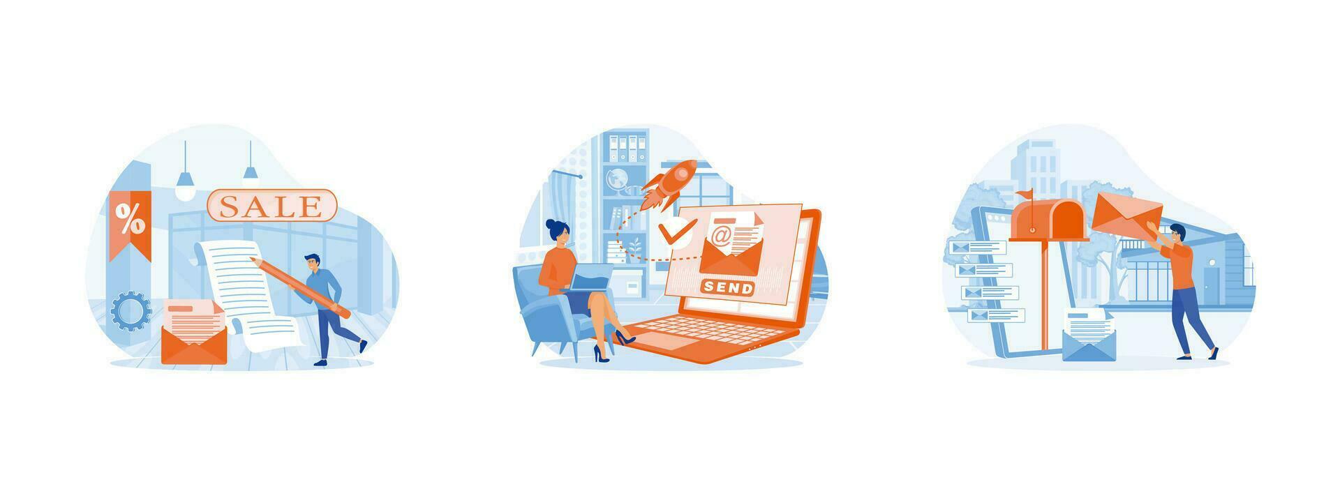 E-mail marketing and promotion scenes. Characters sending advertising mails and promotional offers with sales and discounts. Email marketing 2 set flat vector modern illustration