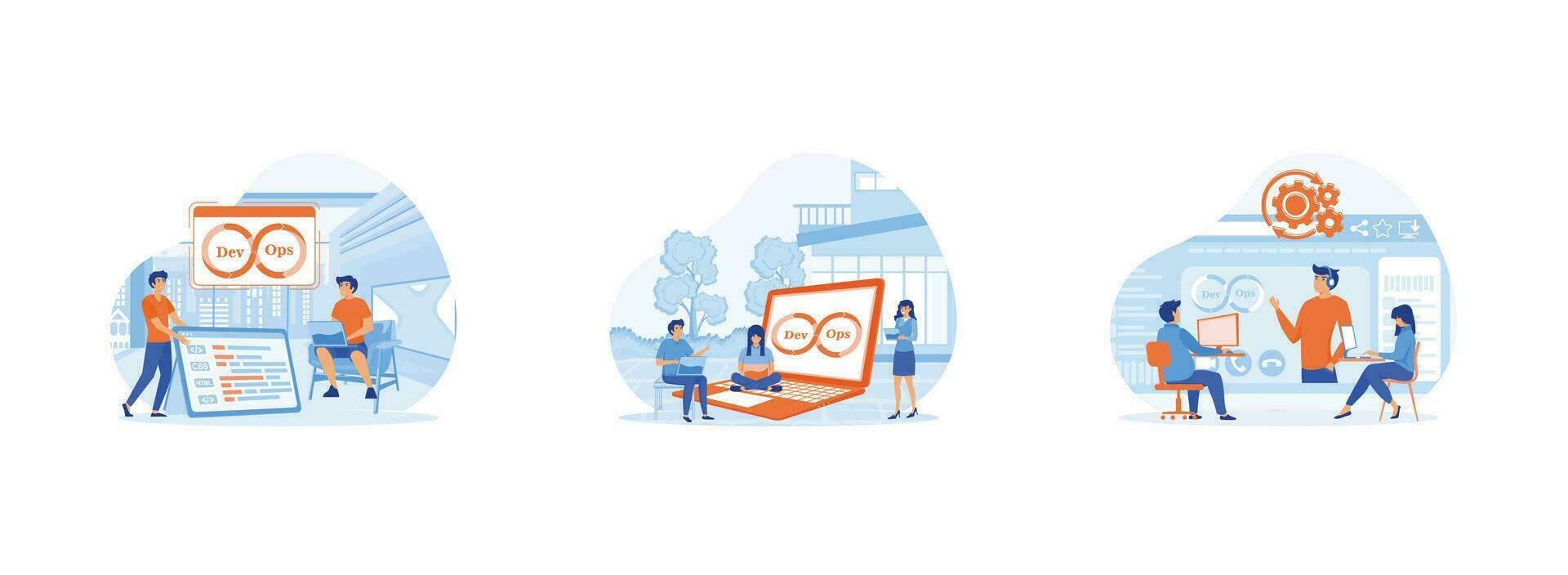 Developers.technical support teams working together to build an engineering system. Software development and it operations. DevOps developers 2 flat vector modern illustration