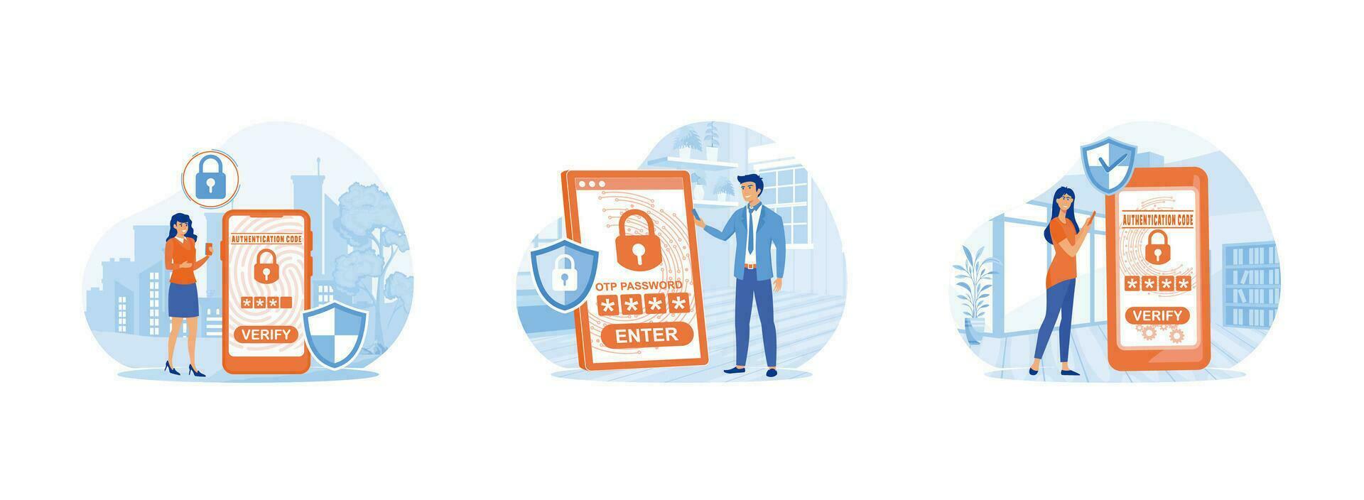 Secure transaction.Digital payment transaction for mobile app. One time password verification for mobile app on smart phone screen. One time password set flat vector modern illustration