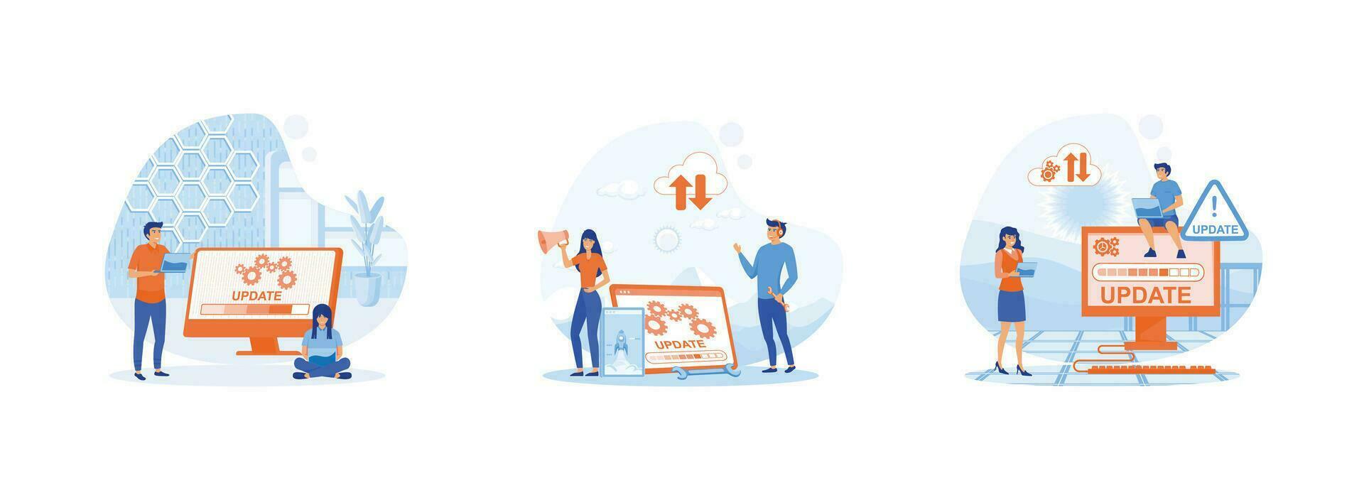 people update operation system, updating operation in computing and installation programs, Showing people update operating system. System Update 2 set flat vector modern illustration