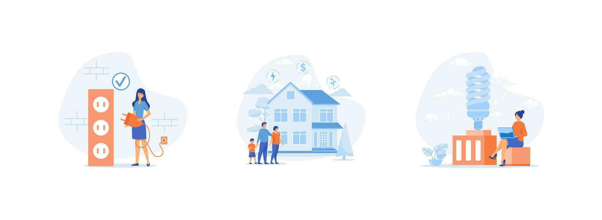 Sustainability, people reduce energy consumption at home, unplug appliances and use energy saving light bulb. Energy consumption set flat vector modern illustration