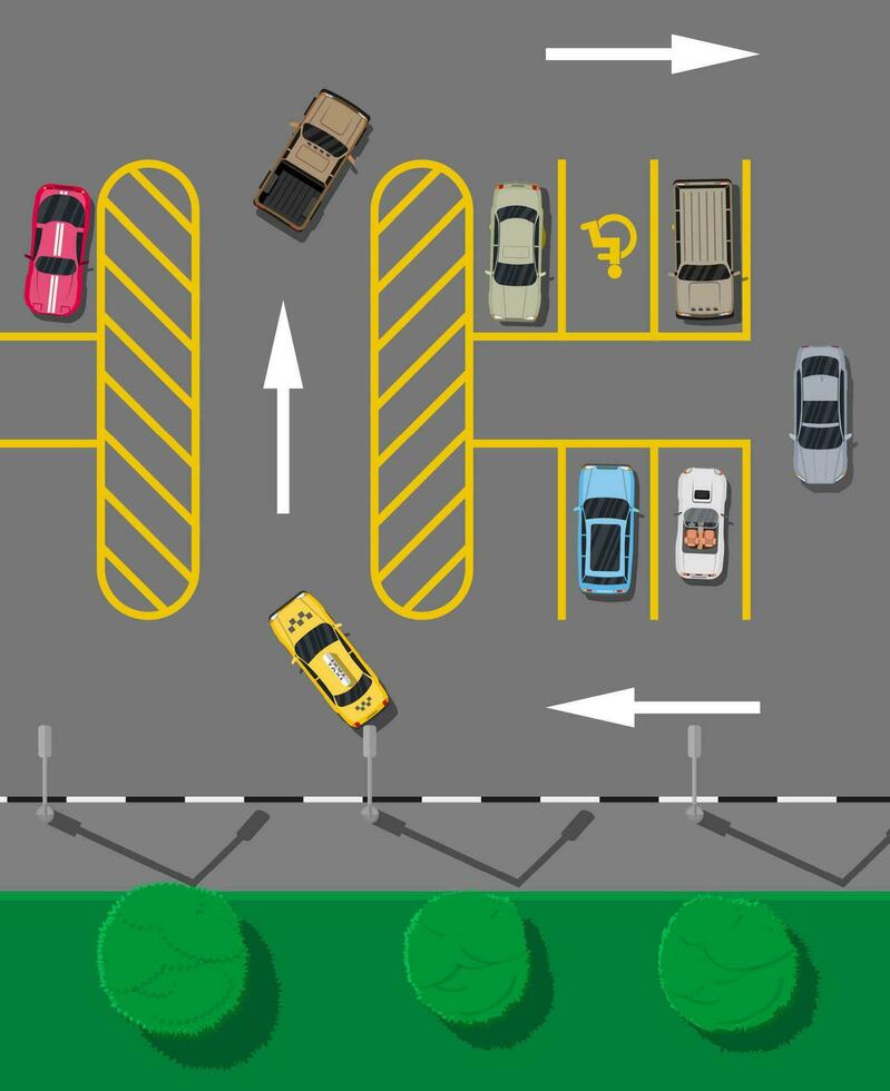 City parking lot with different cars. Shortage parking spaces. Parking zone top view with various vehicles. Sedan, roadster, suv, sport car, pickup. Vector illustration in flat style