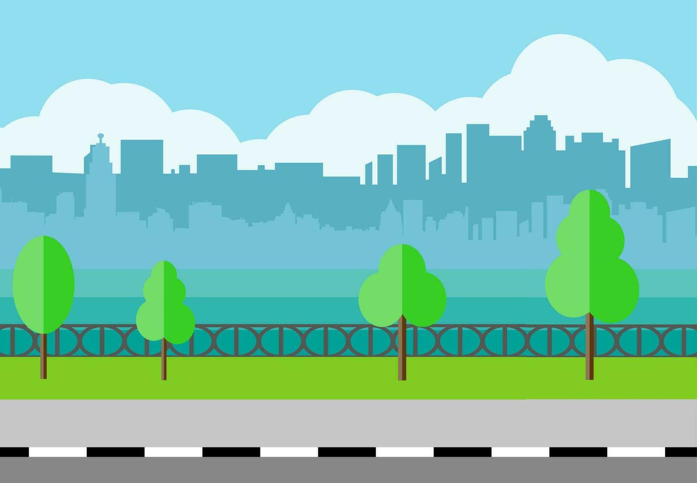 Modern City View. City promenade, Cityscape with office and residental buildings, trees, river, blue background with clouds. vector illustration in flat style