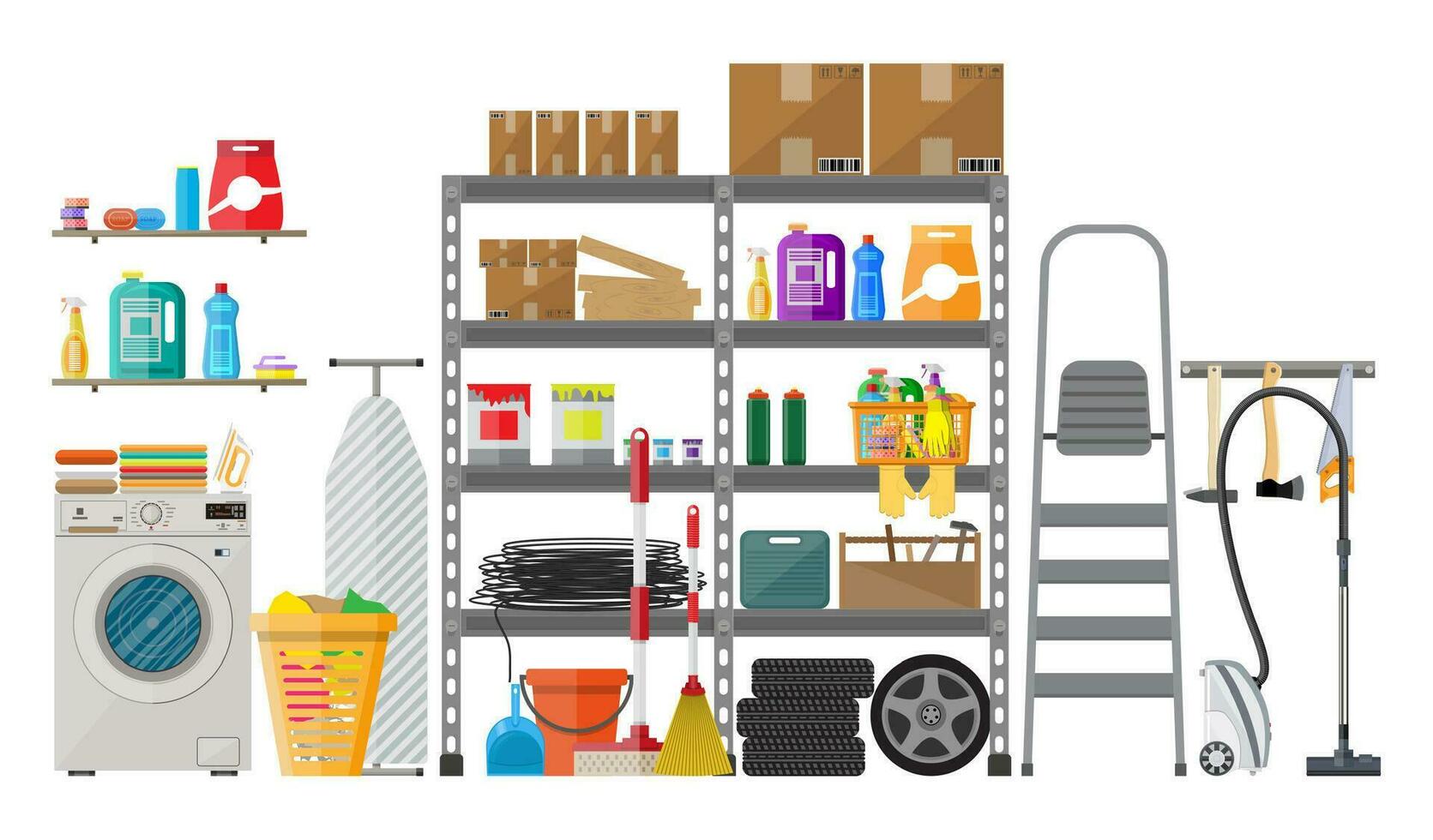 Interior of modern storeroom with metal shelves, storage, boxes, stair, wheels, cleaning accessories, washing machine, iron board, vacuum. Household. Vector illustration in flat style
