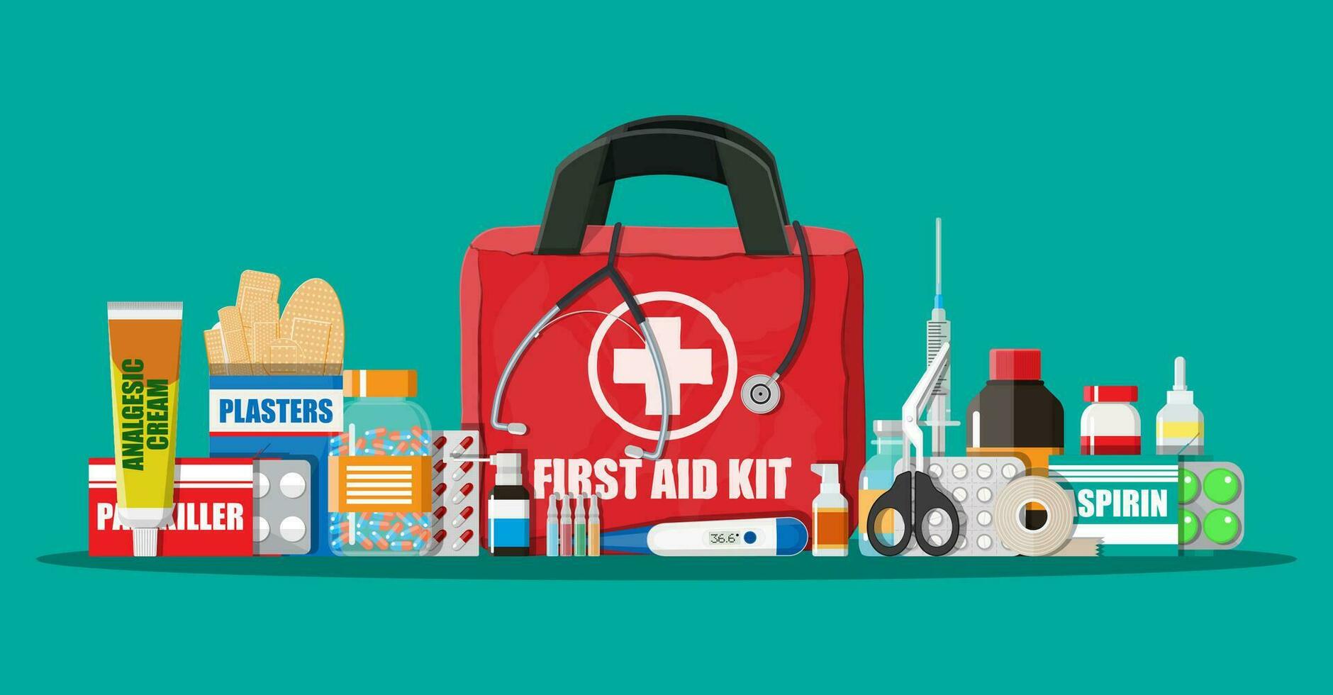 Medical first aid kit with different pills, phonendoscope and thermometer. Healthcare, hospital and medical diagnostics. Urgency and emergency services. Vector illustration in flat style