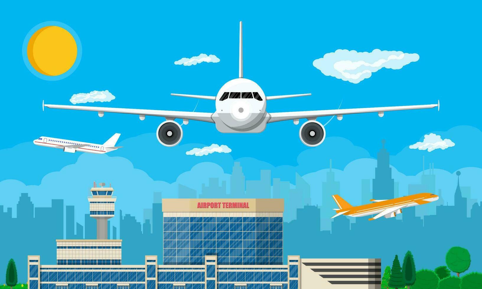 Aircraft above the ground. Airport control tower, terminal building and parking area. Cityscape. Sky with clouds and sun. Vector illustration in flat style