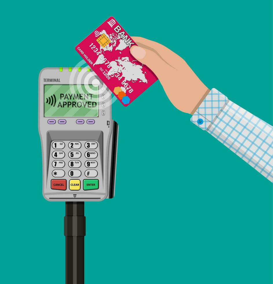humano mano con el plastico tarjeta banco y pos Terminal. nfc pagos concepto, cerca campo comunicación tecnología. vector ilustración en plano diseño en verde antecedentes