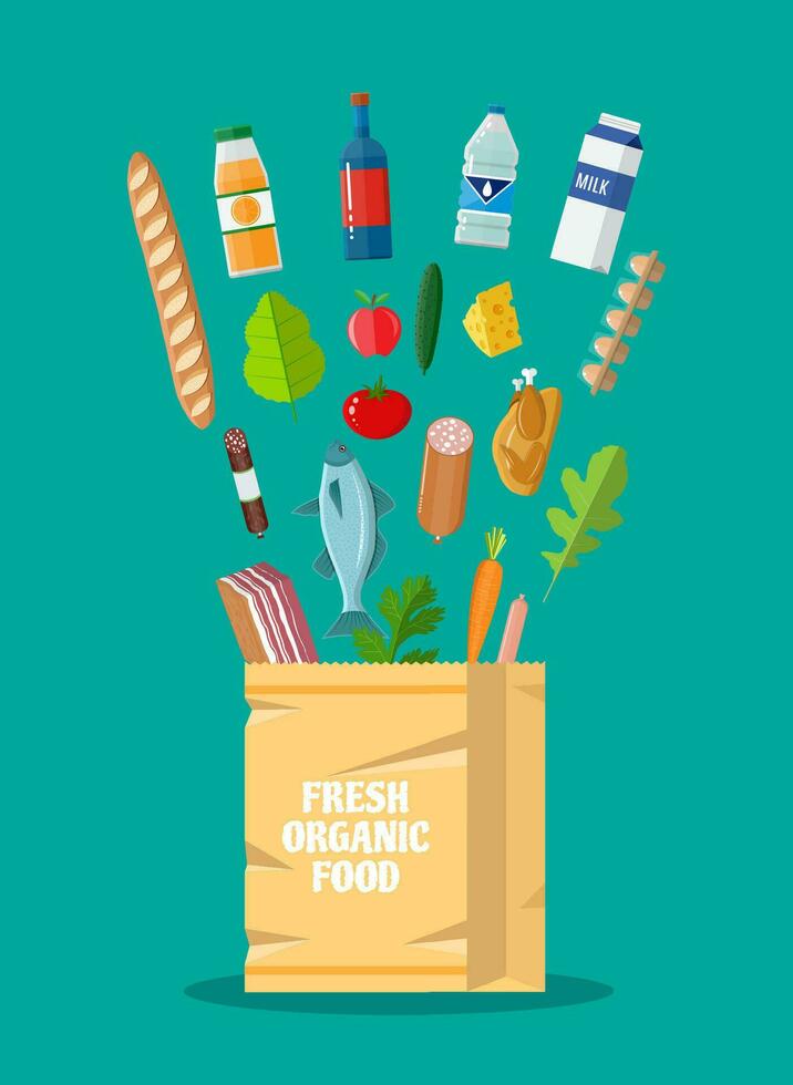 Fresh healthy produce and paper shopping bag. Organic natural products. Grocery. including meat fish, salad, bread, milk products. vector illustration