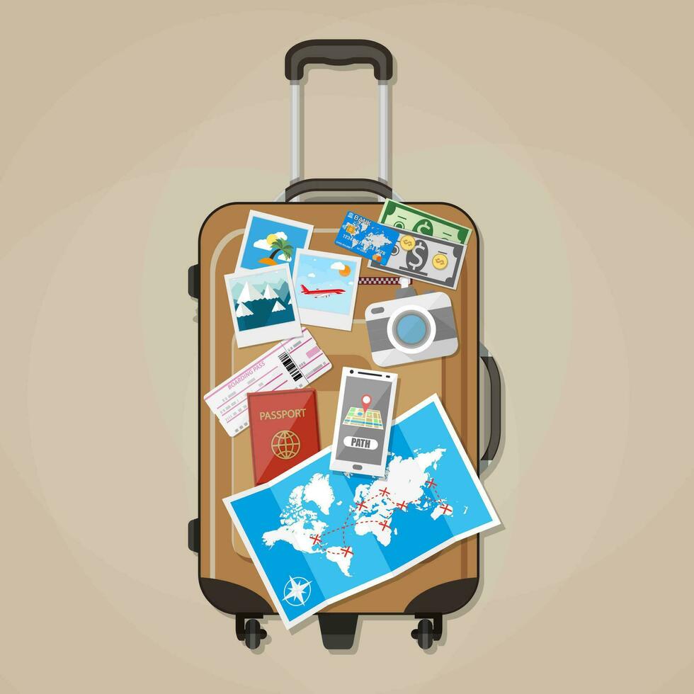 Tourist equipment on brown travel suitcase bag, passport, airplane ticket, smartphone with navigation application, photo camera, cash and coins. vector illustration in flat design on brown background