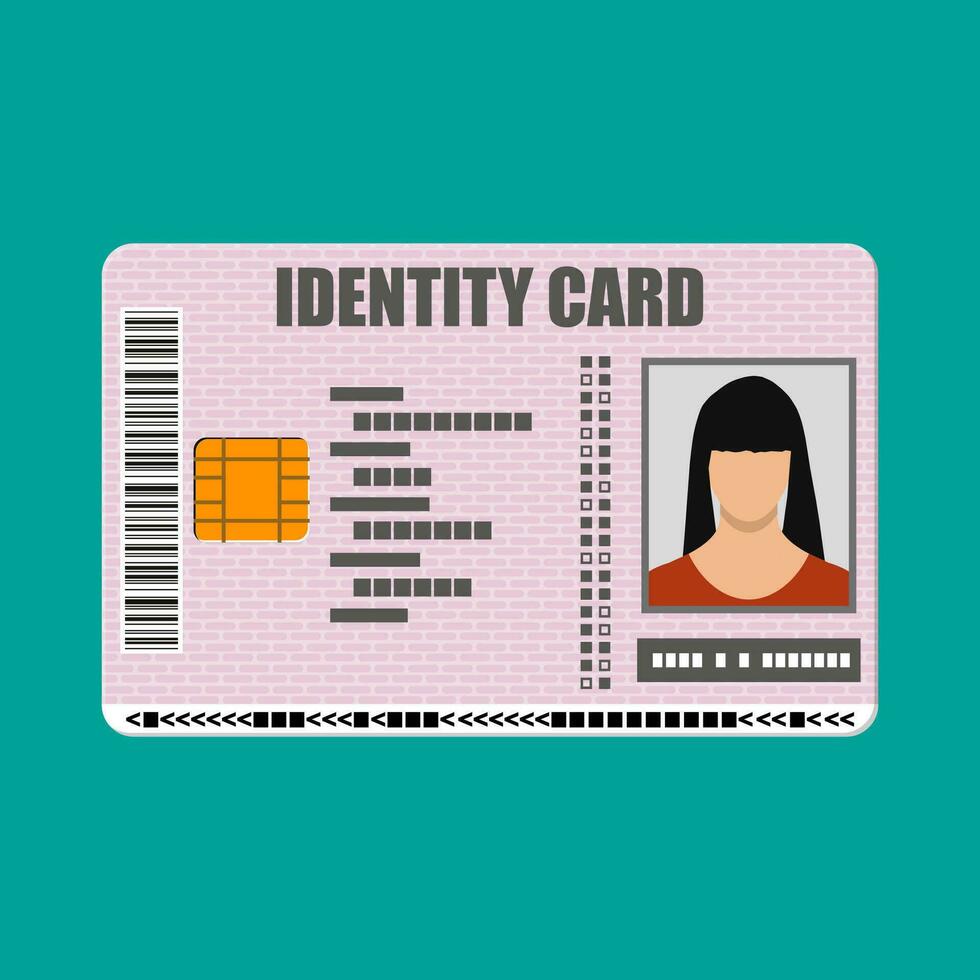 carné de identidad tarjeta icono. identidad tarjeta, nacional carné de identidad tarjeta, pasaporte tarjeta con electrónico chip y mujer foto. vector ilustración en plano diseño