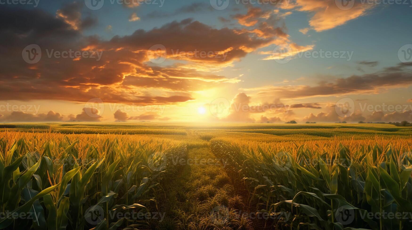 AI generated reality photo of the sun rising over a corn field, a very stunning view