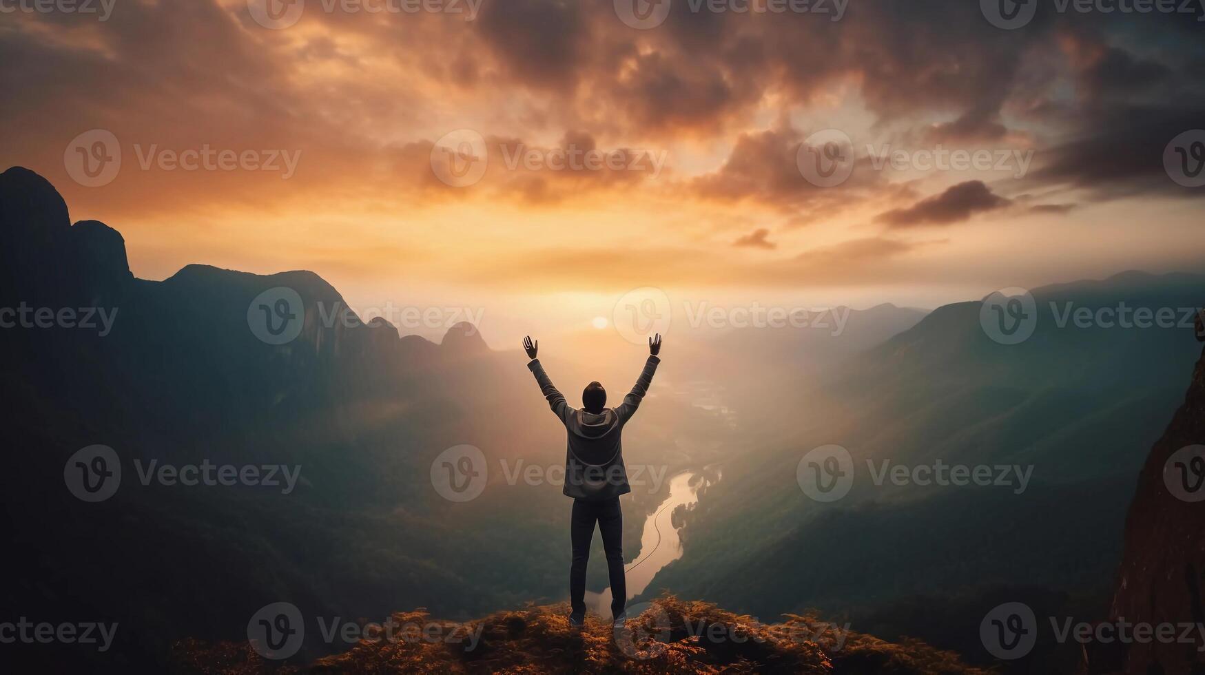 AI generated reality of young people reaching the mountains at sunrise and beautiful views in the afternoon photo