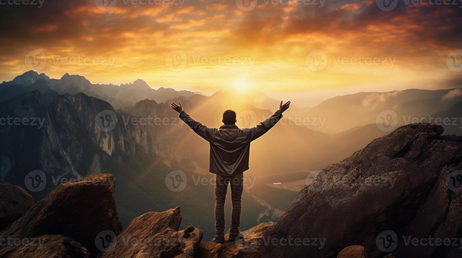 AI generated reality of young people reaching the mountains at sunrise and beautiful views in the afternoon photo