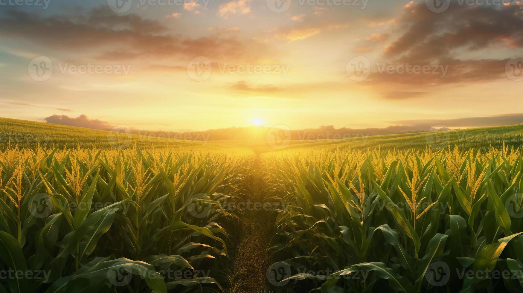 AI generated reality photo of the sun rising over a corn field, a very stunning view