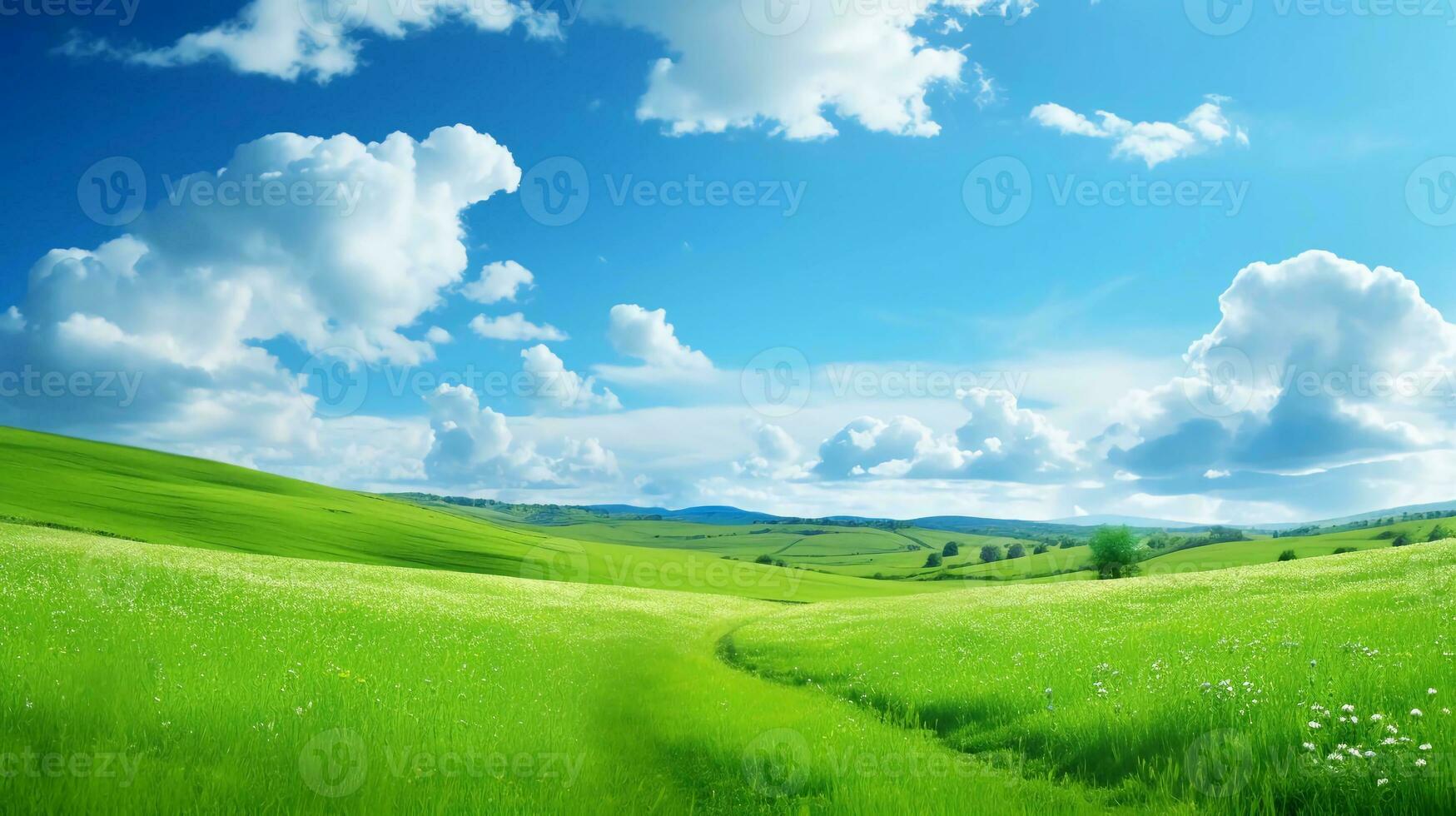 ai generado realidad foto de hermosa verde campos y azul cielo, un muy maravilloso ver
