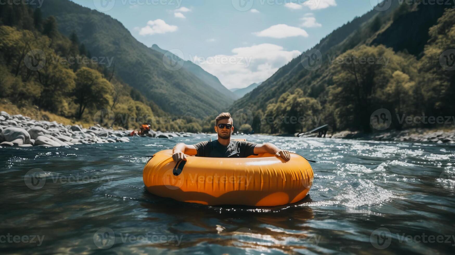 AI generated reality photo of man floating on river in inflatable tube during sunny day