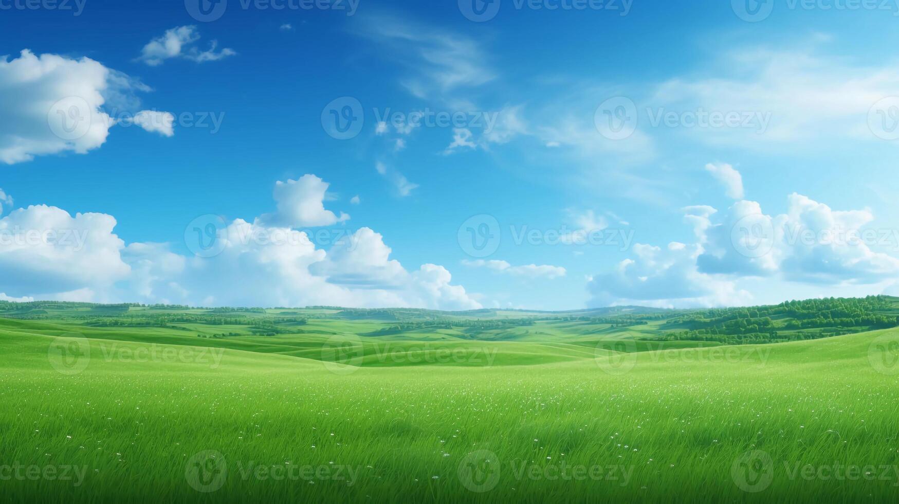 AI generated reality photo of beautiful green fields and blue sky, a very stunning view