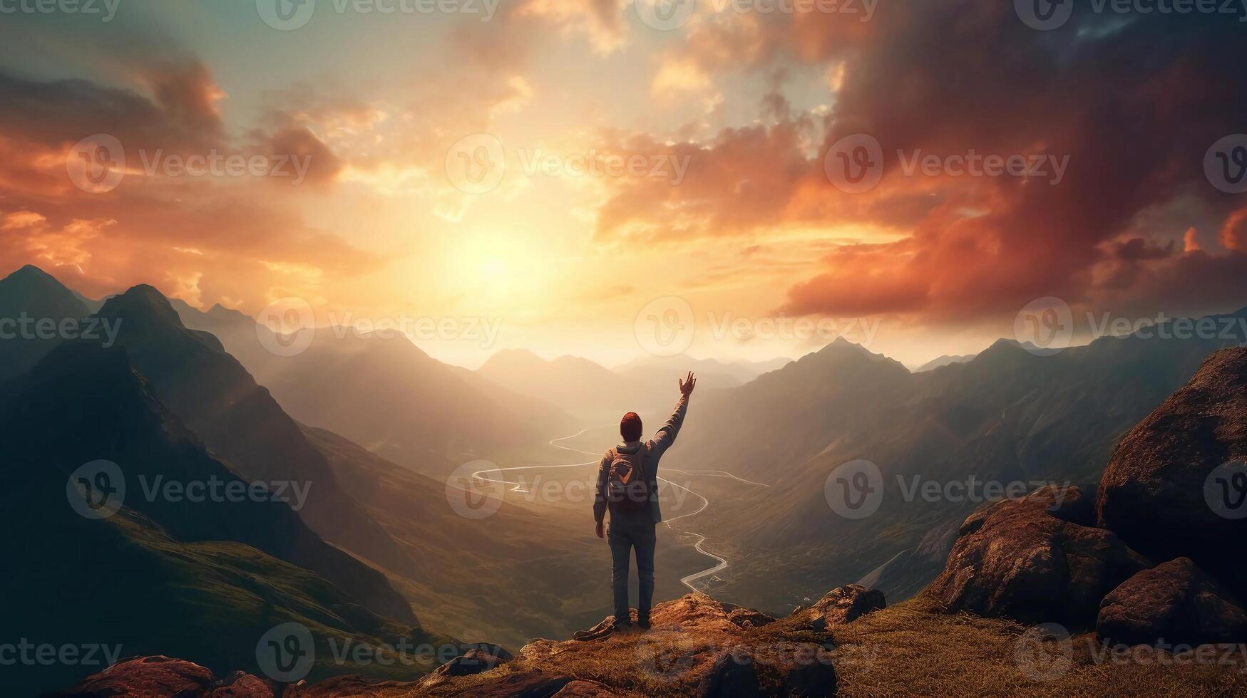 AI generated reality of young people reaching the mountains at sunrise and beautiful views in the afternoon photo