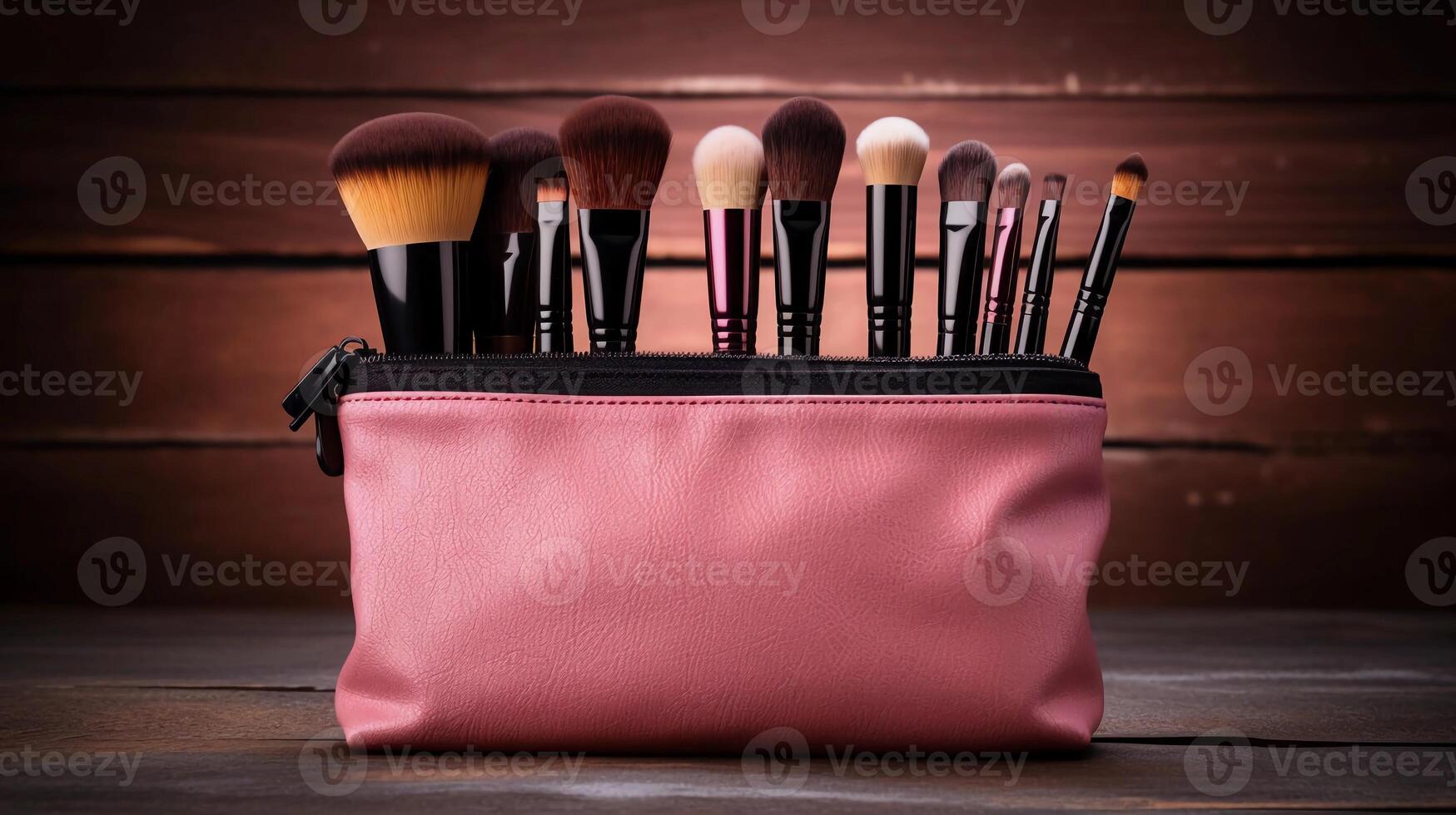 AI generated reality photo makeup bag with cosmetics and brushes