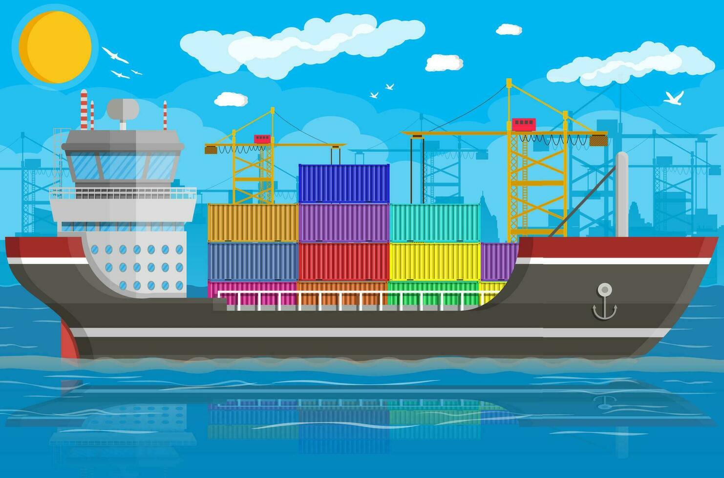 River ocean and sea freight shipping by water. Port crane unloads cargo ship. Background with blue sky, clouds. Pier, dock, harbor. Sea port logistics and delivery. Vector illustration in flat style