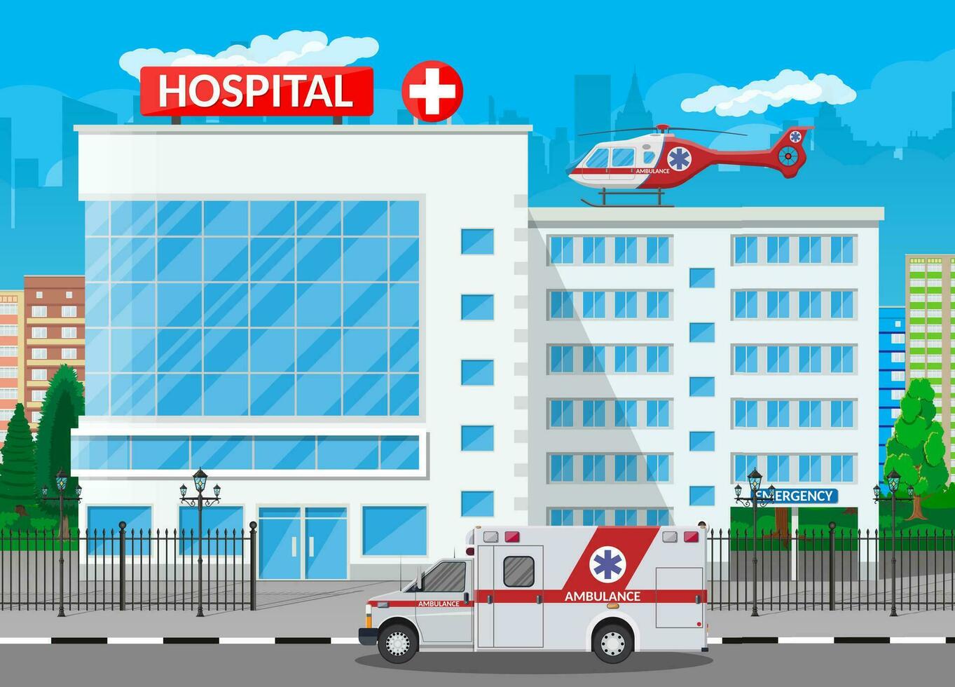 hospital edificio, médico icono. cuidado de la salud, hospital y médico diagnósticos urgencia y emergencia servicios. camino, cielo, árbol. coche y helicóptero. vector ilustración en plano estilo