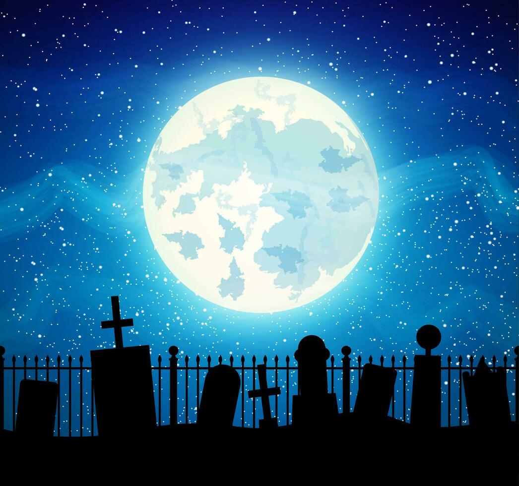 cementerio cementerio tumba con lleno luna, Víspera de Todos los Santos fondo, vector ilustración