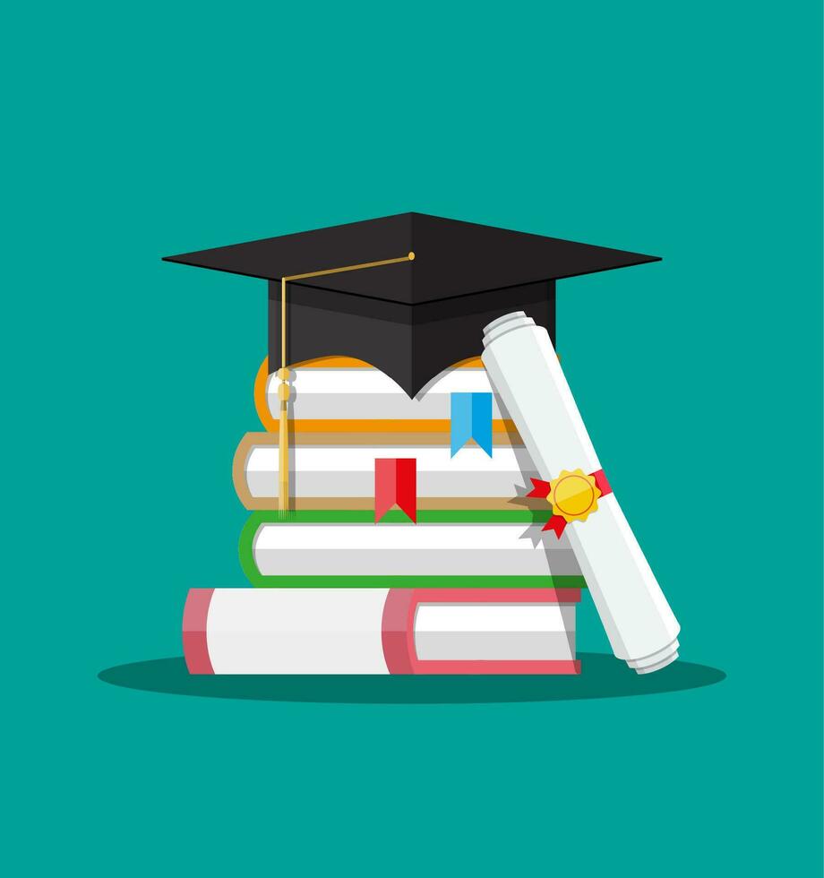 blanco arrollado papel diploma Desplazarse con amarillo estampilla, rojo cintas y negro graduación gorra, libros. graduación concepto. vector ilustración en plano estilo