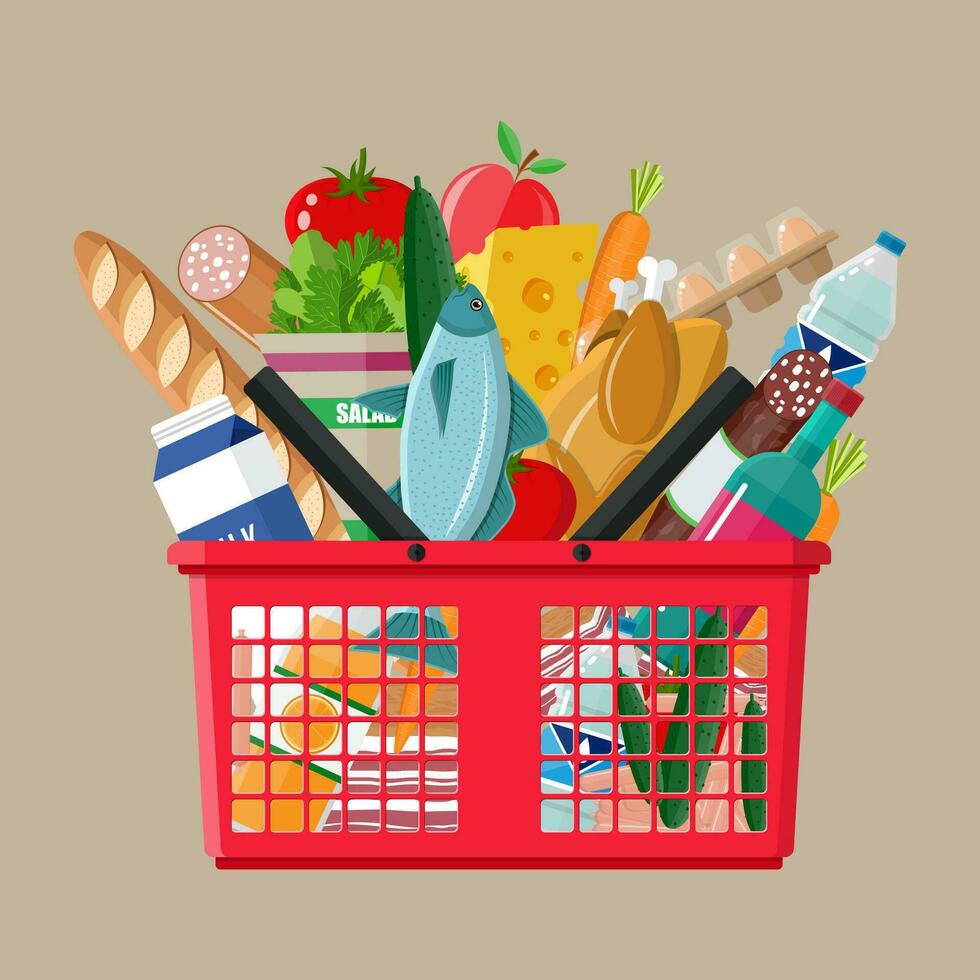 rojo el plastico compras cesta lleno de comestibles productos tienda de comestibles almacenar. vector ilustración en plano estilo